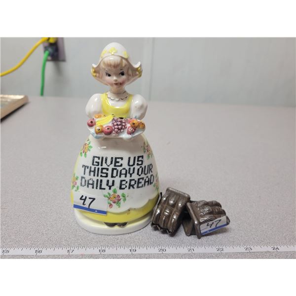 Yellow lady napkin holder & 4 metal claw feet from table or stool
