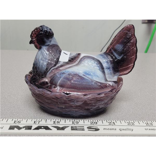 Amesthyst purple slag white swirl hen on nest no chips or cracks