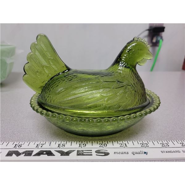 Green hen on nest no chips or cracks