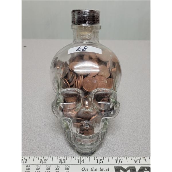 26 oz glass skull full of pennies