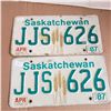 Saskatchewan License Plate 1987 matching pair
