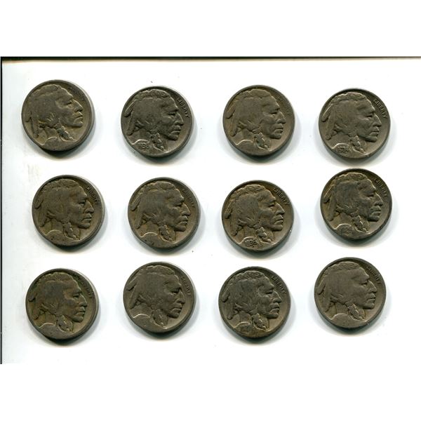 12 US Buffalo "Indian Head" nickels 1926, 1934, 1936