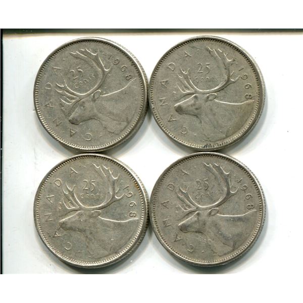 4 silver Canadian 1968 quarters