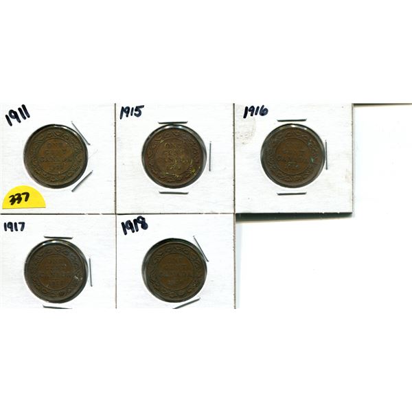 5 Canadian large cents 1911, 1915, 1916, 1917, 1918