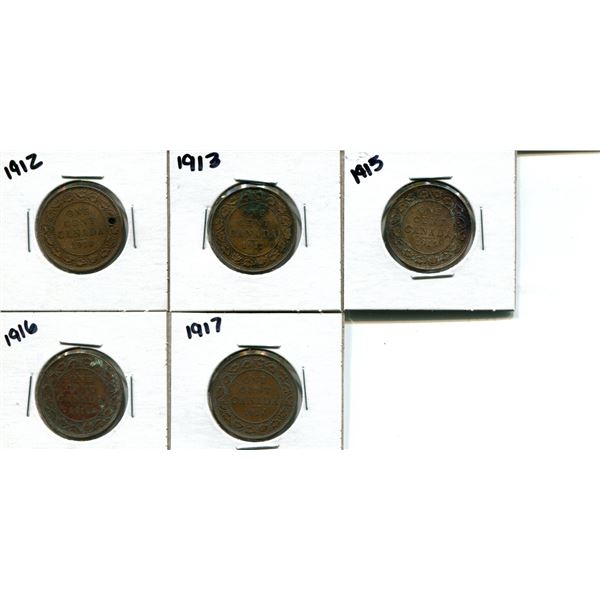 5 Canadian large cents 1912, 1913, 1915, 1916, 1917
