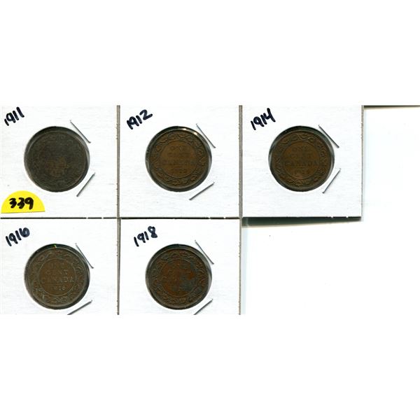 5 Canadian large cents 1911, 1912, 1914, 1916, 1918