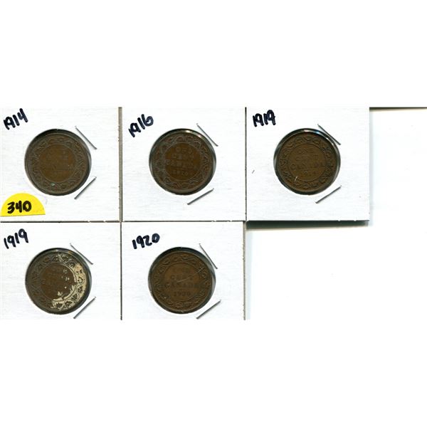 5 Canadian large cents 1914, 1916, 1919, 1919, 1920
