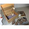 vintage irons, warming plate, light and orange crate