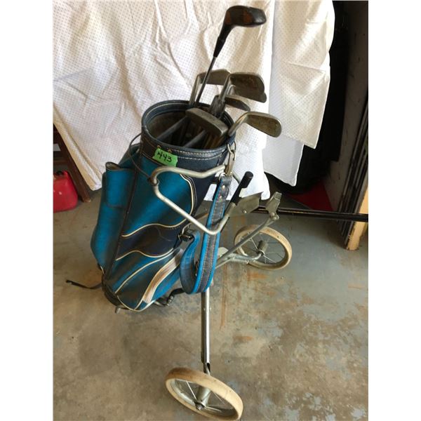 Golf cart, bag, clubs