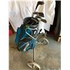 Golf cart, bag, clubs