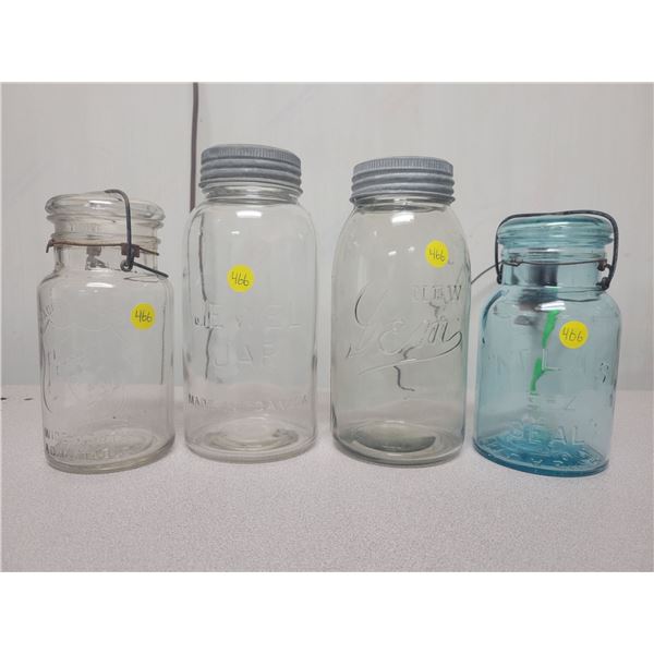 4 vintage sealer jars - Jewel, Gem 2 quart, Atlas 1 quart blue, Perfect seal one quart