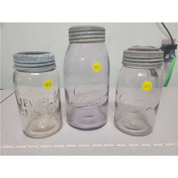 3 Vintage sealer jars - 2 quart Gem turning purple, 1 quart new Gem turning purple, 1 quart Jewel  j
