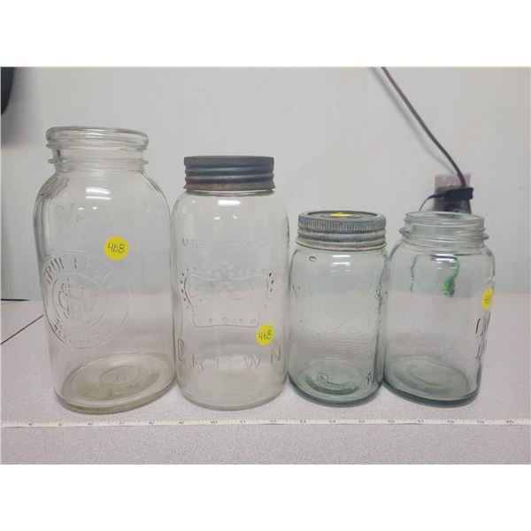 4 vintage sealer jars, Truefruit, Crown & Mason