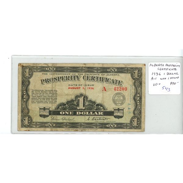 Alberta Prosperity Certificate 1936 One Dollar note with one stamp on back. Issued by the Alberta So