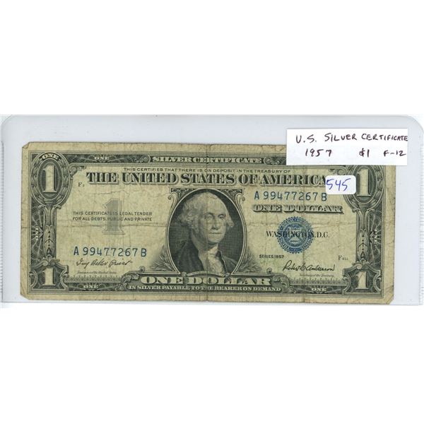 U.S. 1957 One Dollar Silver Certificate. Blue Seal. With this note, you could demand an American sil