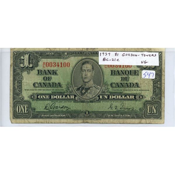 1937 $1. Gordon-Towers signatures. BC-21c. VG.