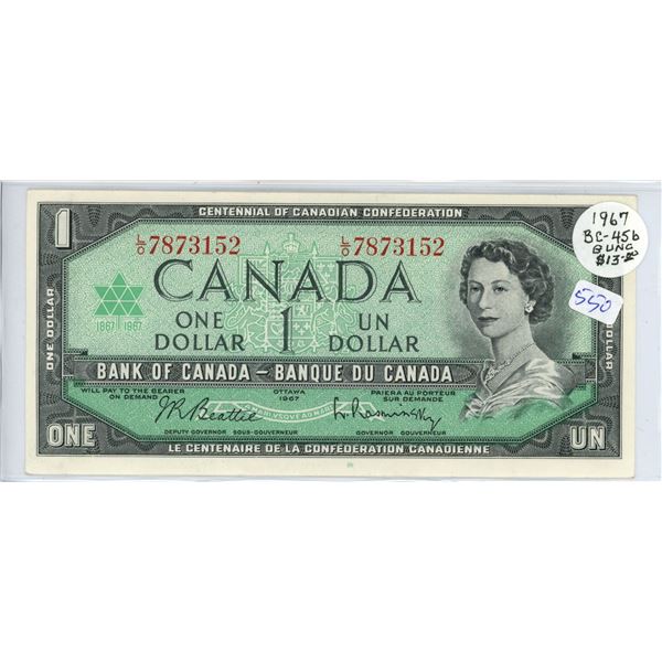 1967 $1 Centennial $1 note with Serial Numbers. L/O Prefix. Choice Uncirculated.