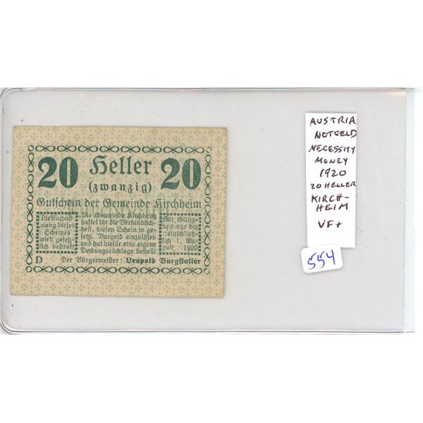 Austria. 1920 20 Heller Notgeld (Necessity Money) issued by the town of Kirchheim. VF+.