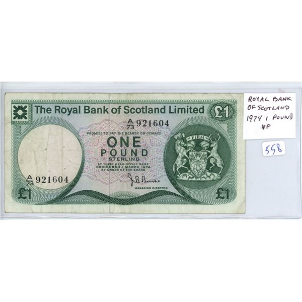 Royal Bank of Scotland 1974 $ Pound note. Edinburgh Castle. VF.