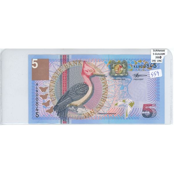 Suriname. 2000 5 Gulden. Woodpecker. P-146. Unc. Nice.