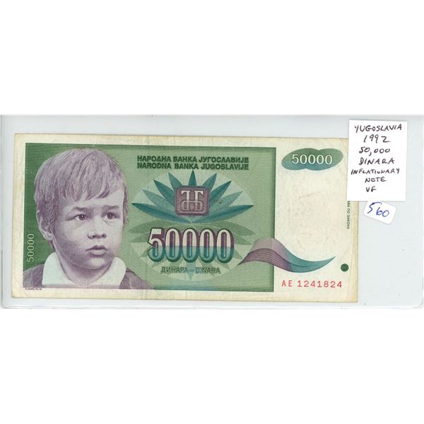 Yugoslavia. 1992 50,000 Dinara. Inflationary Note. VF.