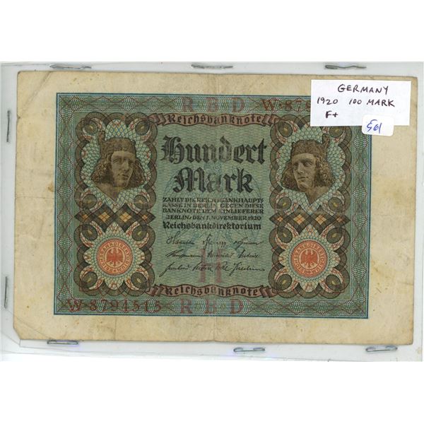 Germany. 1920 100 Mark note. F+.