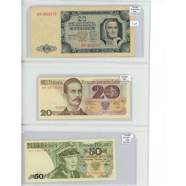 Poland. Lot of 3 notes: 1948 20 zlotych, 1982 20 zlotych & 1988 50 zlotych. VF, Unc & Unc