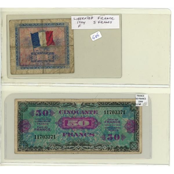 Liberated France. Lot of 2 notes: 1944 5 Francs and 1944 50 Francs. F and VF.