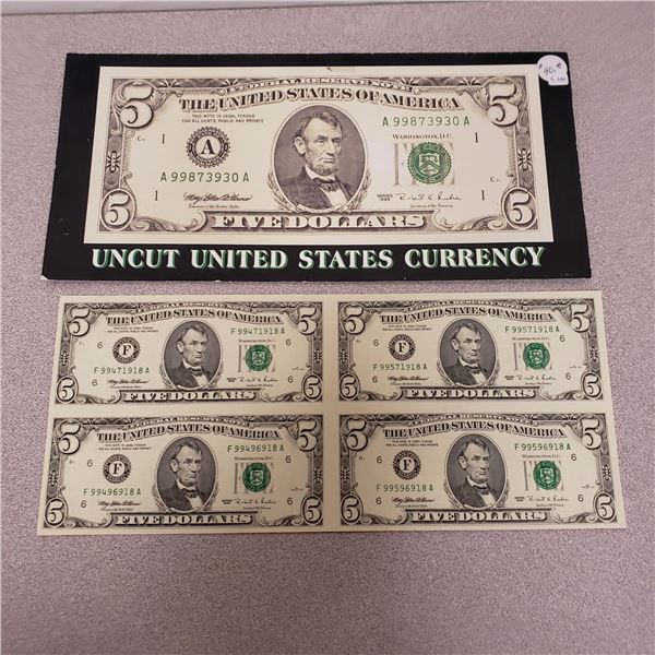 Uncut Sheet of 4 U.S. 1995 series $5 notes.