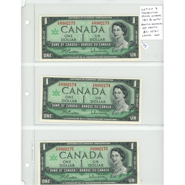Lot of 3 Consecutive Serial Number 1967 $1 notes. F/P Prefix. BC-45b-i. Choice Uncirculated.