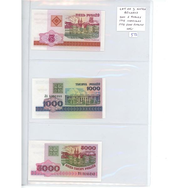 Lot of 3 notes from Belarus. 2000 5 rubles, 1998 1000 rubles and 1998 5000 rubles. Unc.
