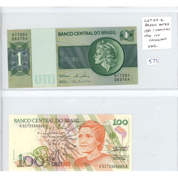 Lot of 2 notes from Brazil. 1980 1 cruzeiro & 1990 100 cruzeiros. Unc.