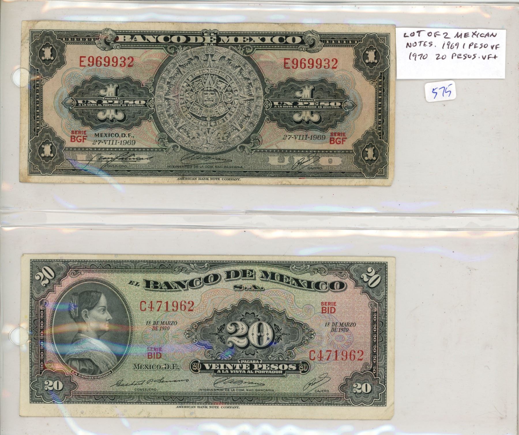 Lot of 2 notes from Mexico. 1969 1 Peso (Mayan Calendar) and 1970 20