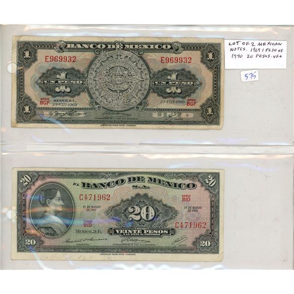 Lot of 2 notes from Mexico. 1969 1 Peso (Mayan Calendar) and 1970 20 Pesos. VF & VF+.