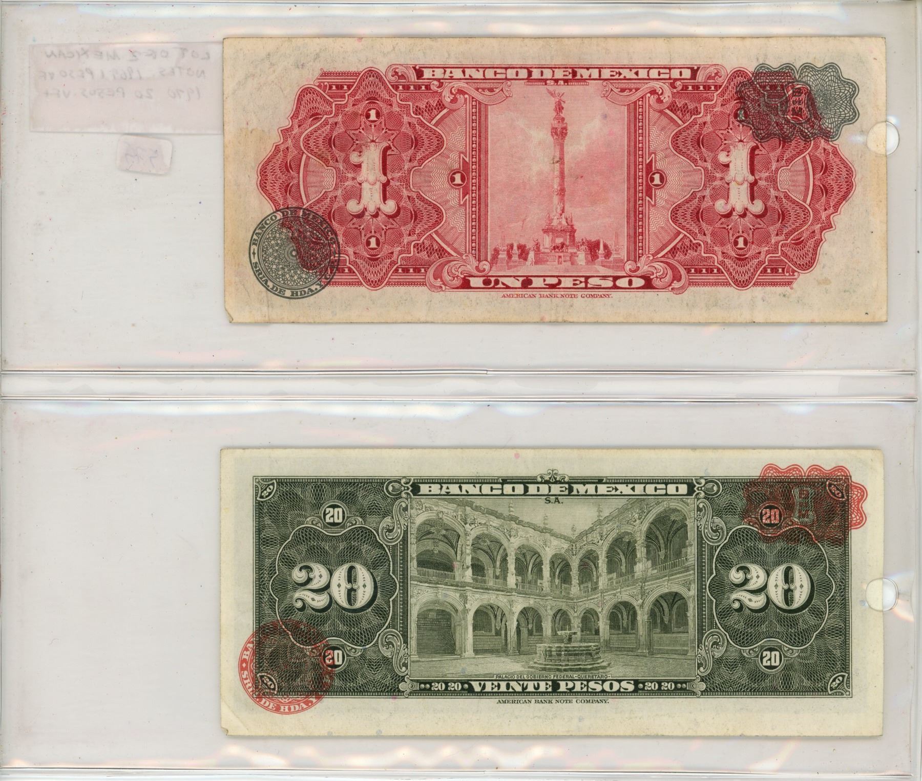 Lot of 2 notes from Mexico. 1969 1 Peso (Mayan Calendar) and 1970 20