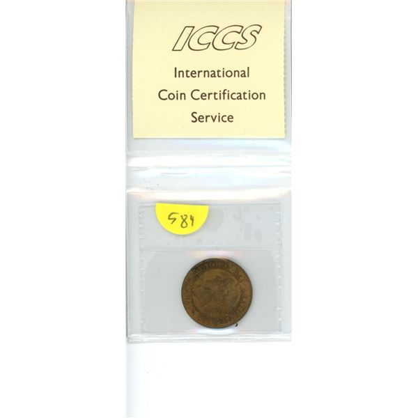 1859 Canadian Victorian Large Cent. ICCS certified and graded G-6 Narrow 9, Cleaned.
