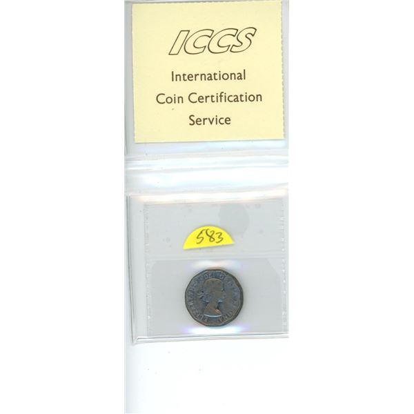 1954 Canadian 5 Cents. ICCS certified and graded VF-30 Shoulder Fold, Corrosion.