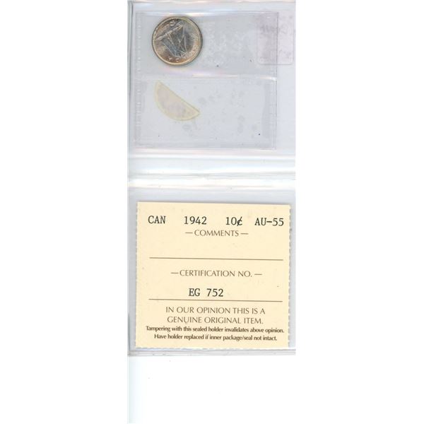 1942 Canadian 10 Cents. ICCS certified and graded AU-55. Lightly and attractively toned.
