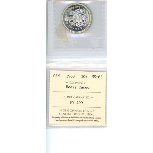 1963 Canadian Silver 50 Cents. ICCS graded and certified MS-63 Heavy Cameo.