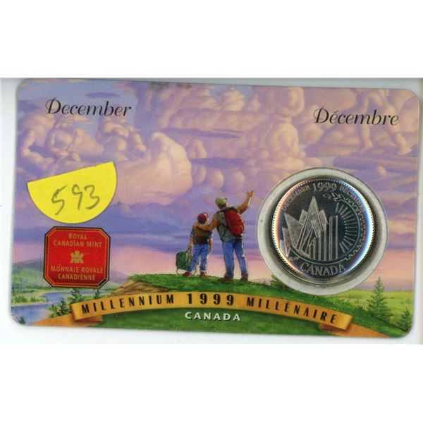 Royal Canadian Mint December 1999 Millennium 25 Cents encapsulated on a card.