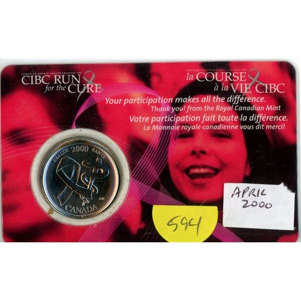 Royal Canadian Mint April 2000 CIBC Run For the Cure 25 Cents encapsulated on a card.