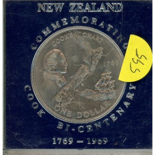 New Zealand. 1769 – 1969 Captain James Cook Bicentennial Dollar. BU. Housed in a custom plastic hold