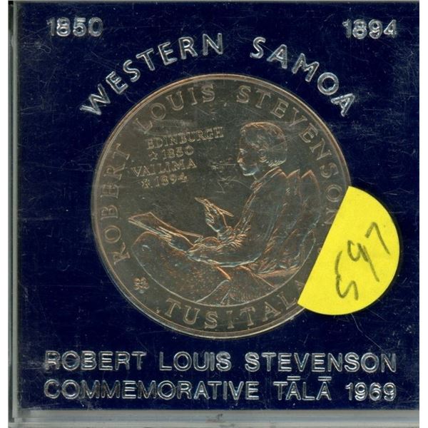 Western Samoa (now just called Samoa) 1969 Tala (Dollar) that depicts author Robert Louis Stevenson.
