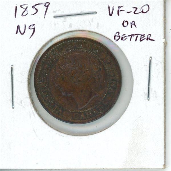 1859 Narrow 9 Canadian Victorian Large Cent. VF-20 or better.