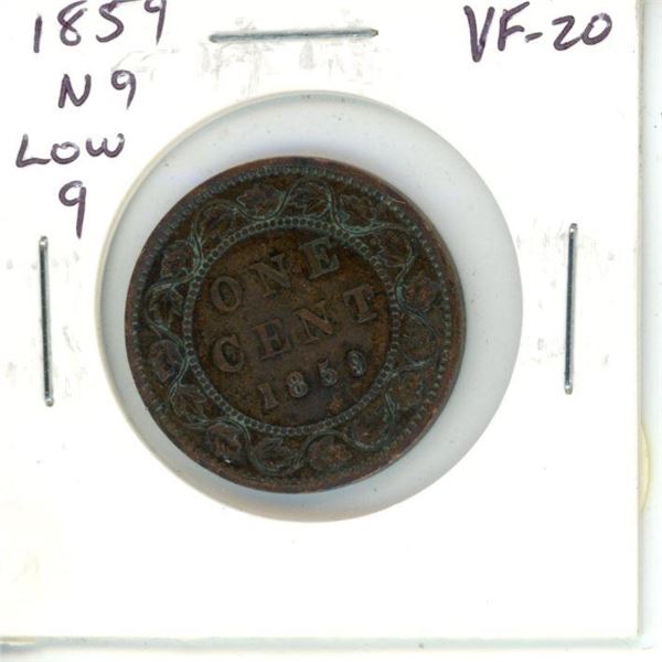 1859 Low Narrow 9 Canadian Victorian Large Cent. VF-20.