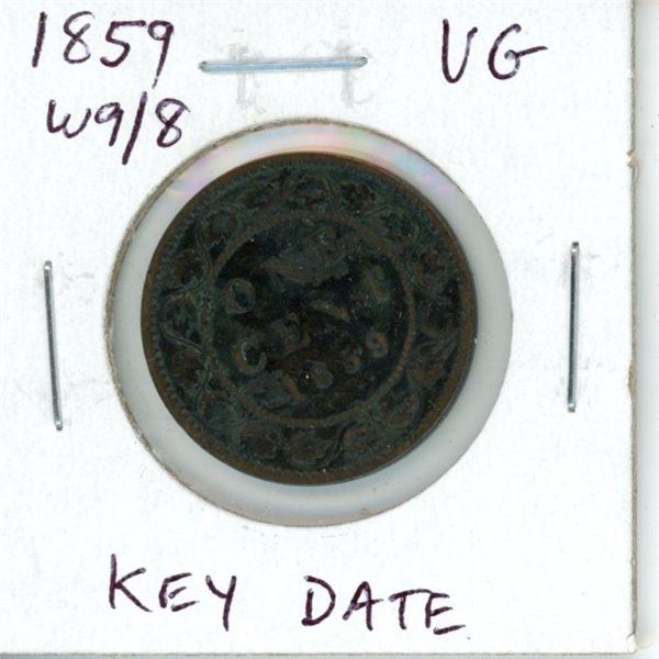 1859 Wide 9/8 Canadian Victorian Large Cent. Key Date. Scarce. VG-8.