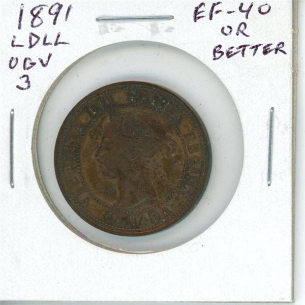 1891 Large Date Large Leaves Obverse 3 Canadian Victorian Large Cent. EF-40 or better.