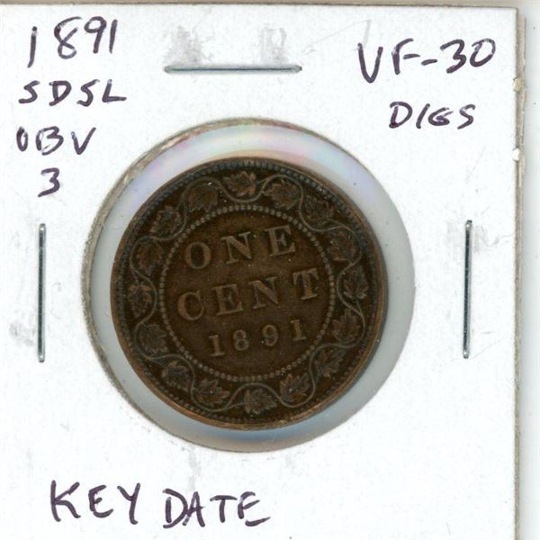 1891 Small Date Small Leaves Obverse 3 Canadian Victorian Large Cent. Key Date. Scarce. VF-30.