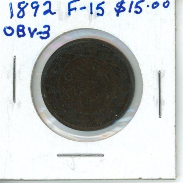 1892 Obverse 3 Canadian Victorian Large Cent. F-15.