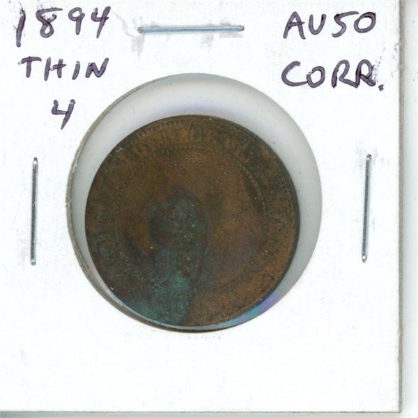 1894 Thin 4 Canadian Victorian Large Cent. Key Date. AU-50. Corrosion.